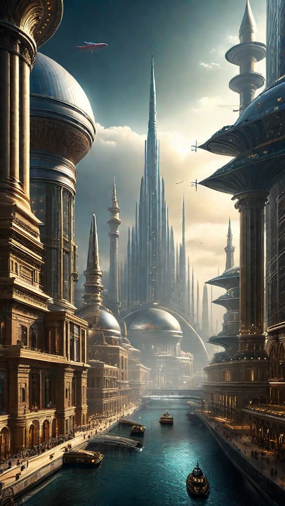  (A vast, sprawling city with grand, ornate buildings and architectural structures that defy conventional construction methods. Towering spires, domes, and arches rise into the sky, harnessing some form of atmospheric energy to power the entire city. In the foreground, a group of oil industry elites are gathered, plotting to destroy this advanced civilization and its revolutionary technology that threatens their control over energy resources.) hyperrealistic, full body, detailed clothing, highly detailed, cinematic lighting, stunningly beautiful, intricate, sharp focus, f/1. 8, 85mm, (centered image composition), (professionally color graded), ((bright soft diffused light)), volumetric fog, trending on instagram, trending on tumblr, HDR 4K, 8K