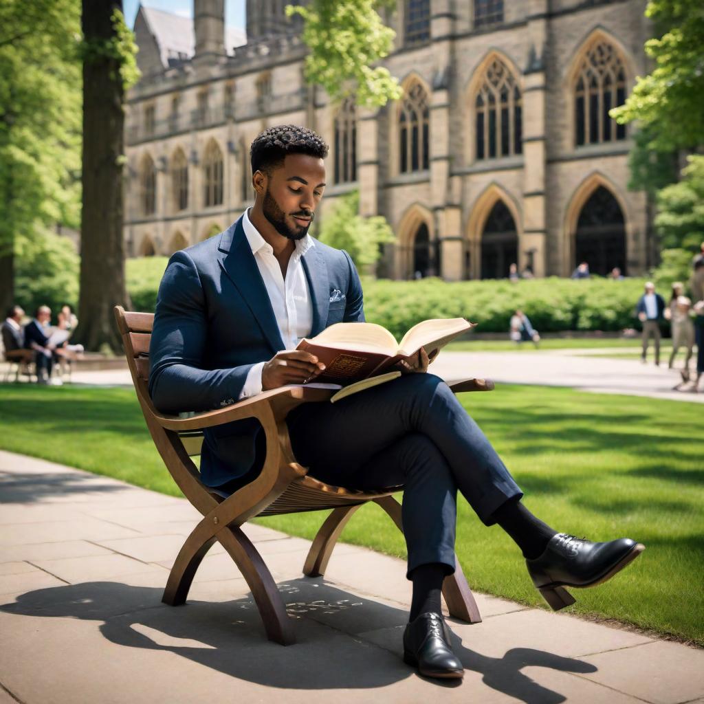  A person sitting at Yale University's campus enjoying tea and reading a book by William Shakespeare during a sunny summer day. hyperrealistic, full body, detailed clothing, highly detailed, cinematic lighting, stunningly beautiful, intricate, sharp focus, f/1. 8, 85mm, (centered image composition), (professionally color graded), ((bright soft diffused light)), volumetric fog, trending on instagram, trending on tumblr, HDR 4K, 8K