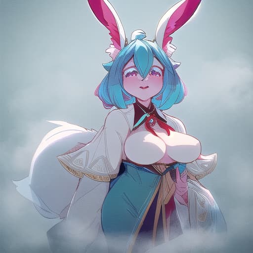  anthropomorphic rabbit with cyan fur, with large breast, the top part of her ears is red. half breasted dress, crop shirt hyperrealistic, full body, detailed clothing, highly detailed, cinematic lighting, stunningly beautiful, intricate, sharp focus, f/1. 8, 85mm, (centered image composition), (professionally color graded), ((bright soft diffused light)), volumetric fog, trending on instagram, trending on tumblr, HDR 4K, 8K