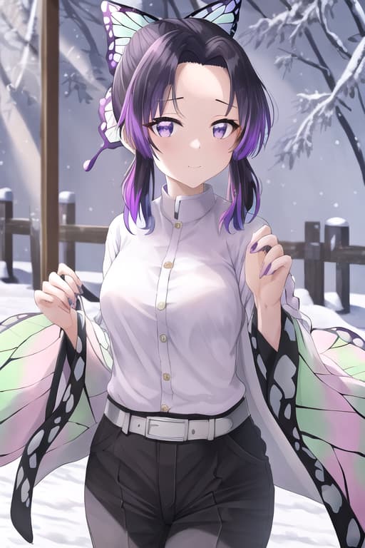  masterpiece, best quality, kochou shinobu, multicolored hair, no bangs, hair intakes, purple eyes, forehead, black shirt, black pants, haori, butterfly, buttons, belt,Girl in snow,winter, snow storm, colorful, snowflakes, snowy, masterpiece, best quality, high quality, solo