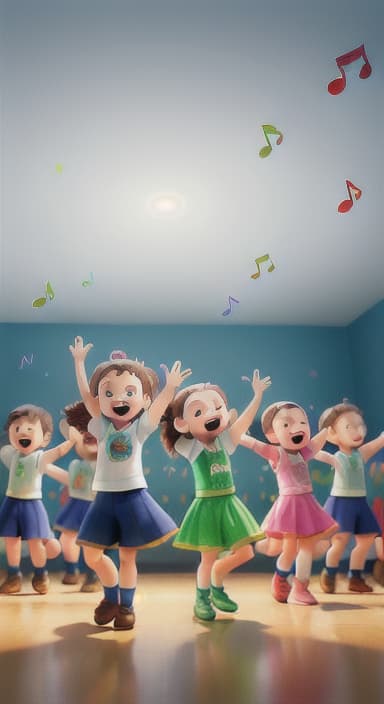  {Children singing and dancing with wide smiles and musical notes floating around them., Kids joyfully dancing and singing, showing their energy and happiness.