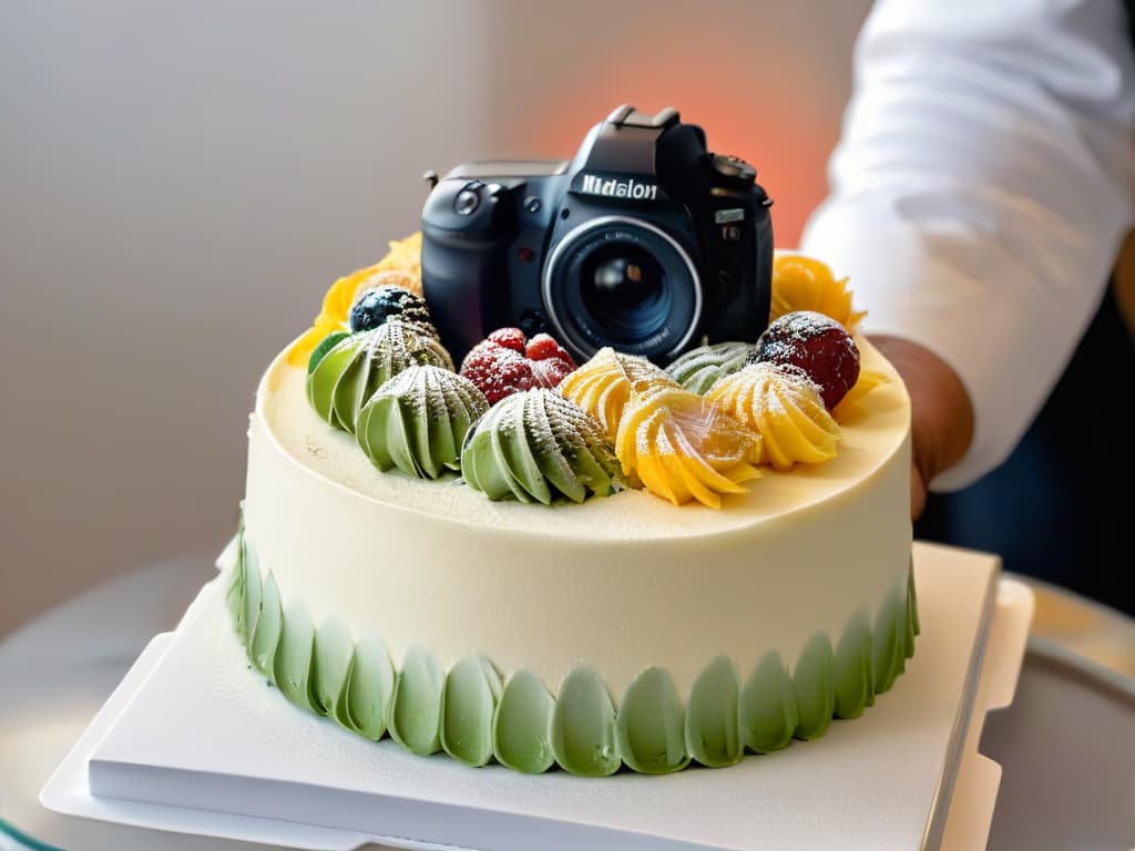  A closeup, highresolution image of a professional photographer's hands adjusting the focus on a sleek, modern camera. The photographer's fingers delicately twist the lens, capturing the intricate details of a beautifully decorated cake in the background. The image exudes a sense of precision and artistry, with soft lighting highlighting the professional equipment and the delectable dessert centerpiece. hyperrealistic, full body, detailed clothing, highly detailed, cinematic lighting, stunningly beautiful, intricate, sharp focus, f/1. 8, 85mm, (centered image composition), (professionally color graded), ((bright soft diffused light)), volumetric fog, trending on instagram, trending on tumblr, HDR 4K, 8K