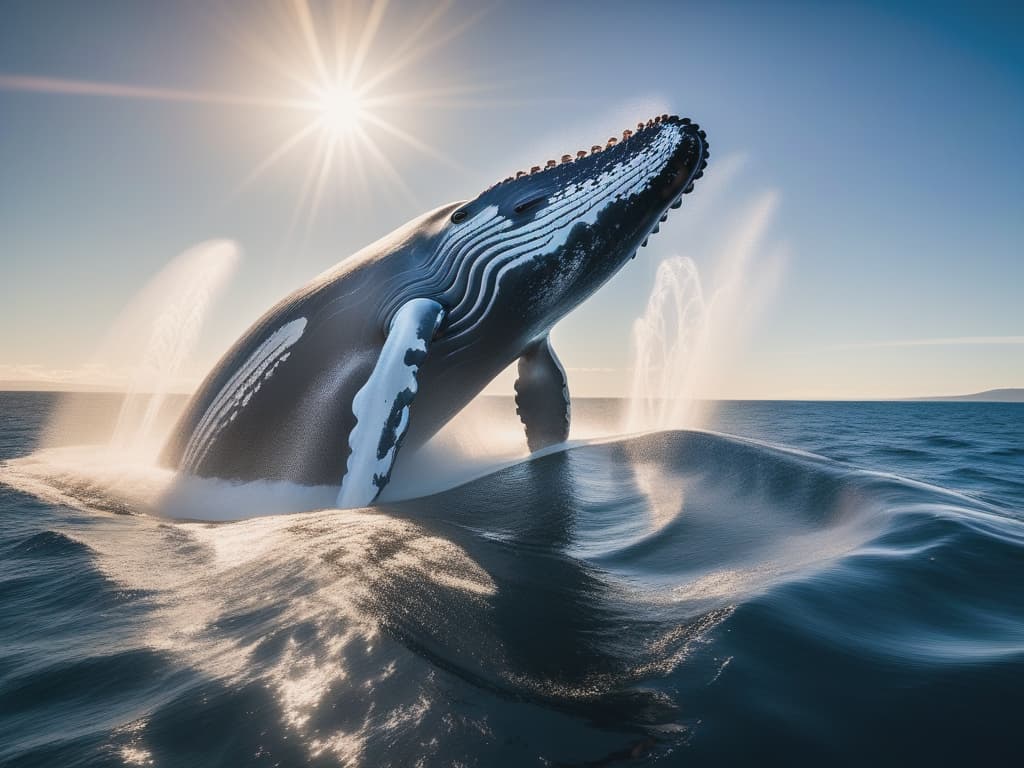  Behold a National Geographic award-winning drone capture: a humpback whale in exhilarating motion, spouting water into the bright morning sky. The vibrant scene, enhanced by film grain and lens flare, captures the essence of a stunning Kodachrome ISO 200 moment, immortalizing nature's grandeur.
