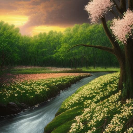  soft light. sunset. spring. flowers. the green grove. a stormy river. leaves. black