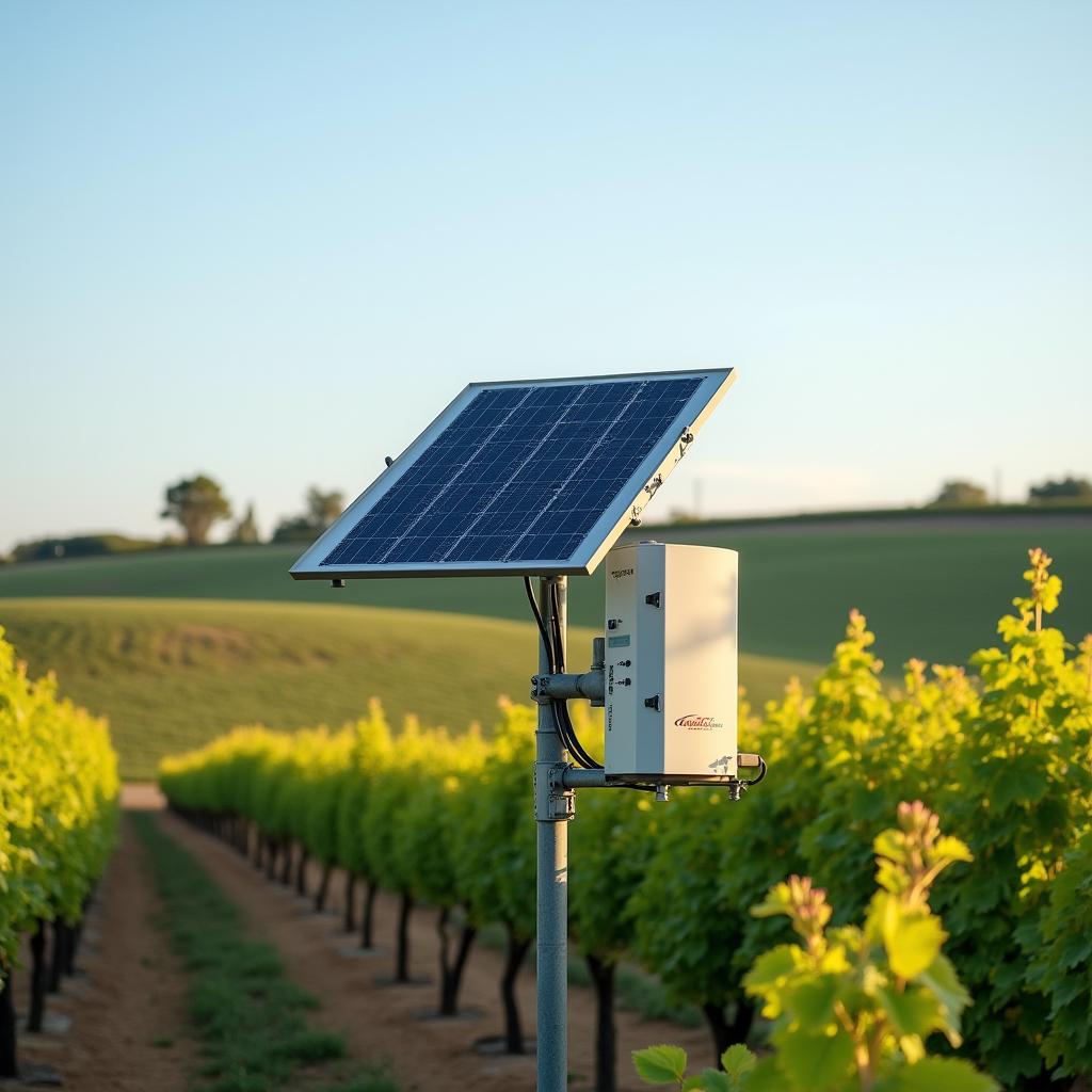  good quality, high quality, automated weather station with solar panels in a vineyard, collecting data to optimize irrigation and fertilization schedules