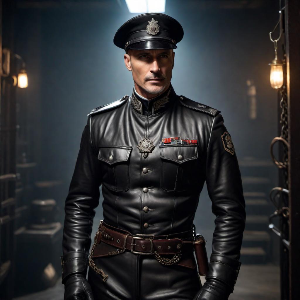  A high-ranking officer smirking while wearing a black leather uniform with breeches trousers, black leather gloves, a black Muir cap, and riding boots. The officer is standing in a dimly lit torture room and is pointing down towards the floor with their finger. The background includes dark, ominous elements such as chains, shackles, and an overall menacing atmosphere. hyperrealistic, full body, detailed clothing, highly detailed, cinematic lighting, stunningly beautiful, intricate, sharp focus, f/1. 8, 85mm, (centered image composition), (professionally color graded), ((bright soft diffused light)), volumetric fog, trending on instagram, trending on tumblr, HDR 4K, 8K