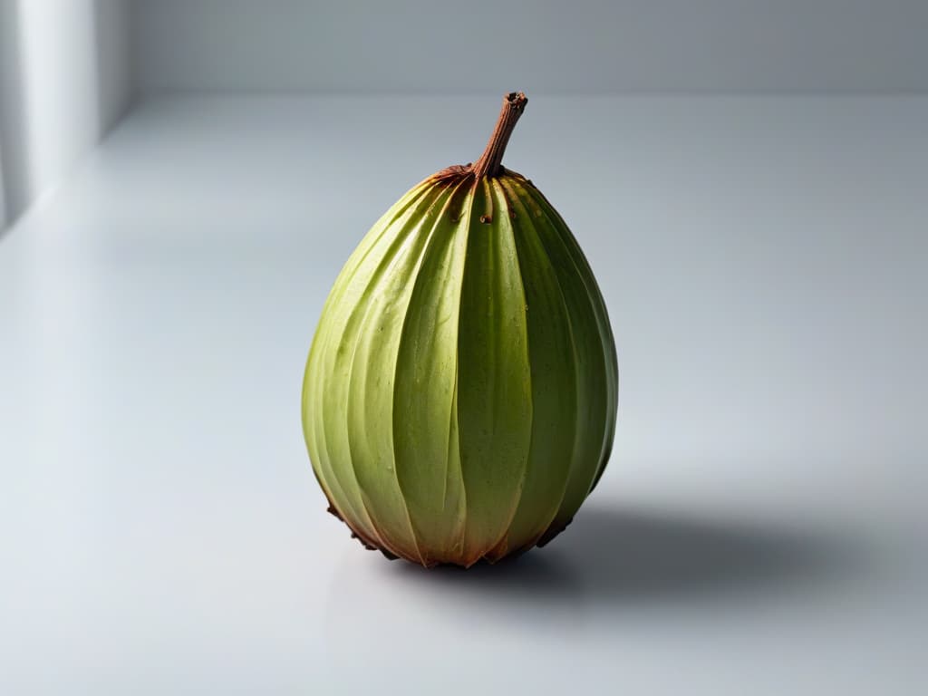  A minimalistic image of a single, perfectly ripe cacao pod, glistening under soft natural light. The focus is on the intricate details of the pod's textured surface, showcasing its rich color and unique shape. The background is blurred, emphasizing the simplicity and elegance of the cacao pod as the centerpiece of the image. hyperrealistic, full body, detailed clothing, highly detailed, cinematic lighting, stunningly beautiful, intricate, sharp focus, f/1. 8, 85mm, (centered image composition), (professionally color graded), ((bright soft diffused light)), volumetric fog, trending on instagram, trending on tumblr, HDR 4K, 8K