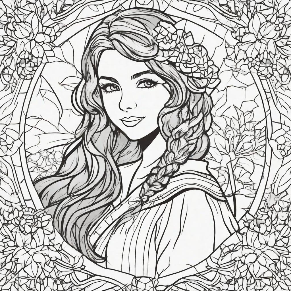  in a coloring book style, A girl with opened hair, a giving a cheerful smile with beautiful eyes and face expression.