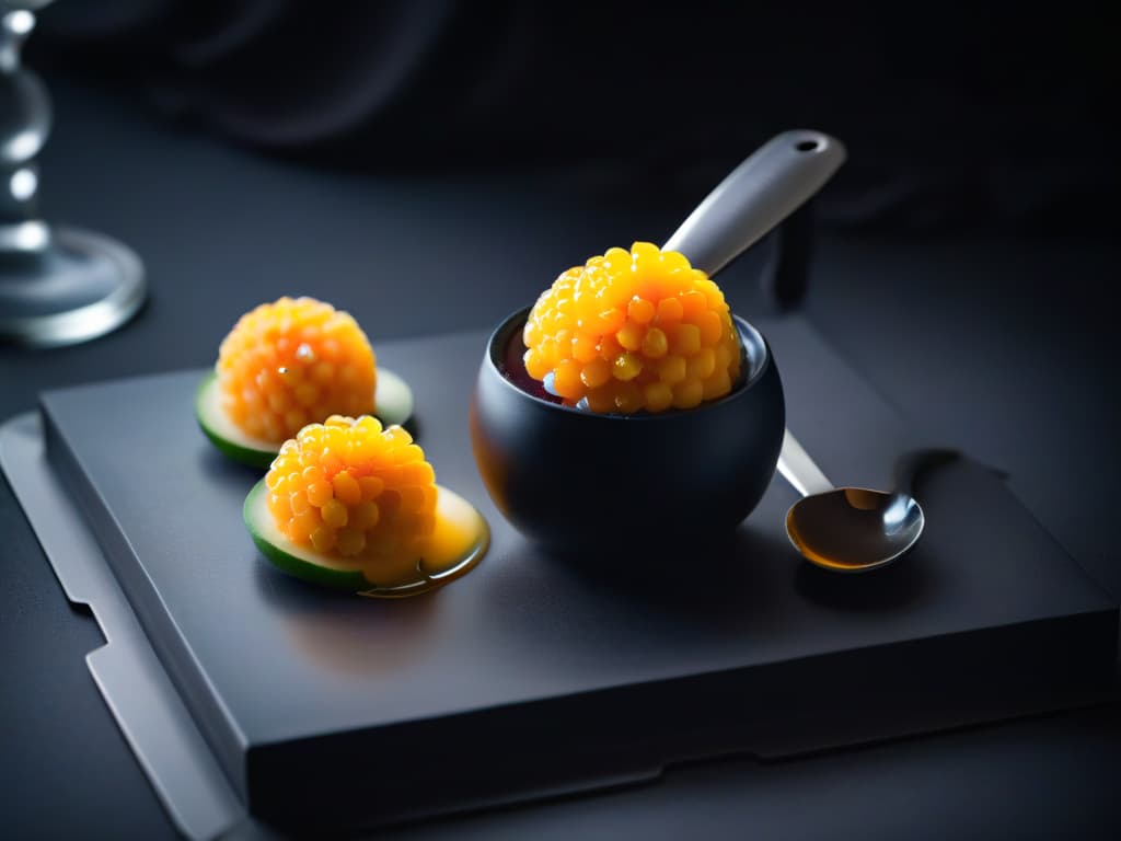  A closeup, ultradetailed image of a perfectly spherical, translucent sphere of mango caviar sitting elegantly on a sleek, matte black dessert spoon. The mango caviar glistens under soft, focused lighting, showcasing its tiny, uniform spheres that resemble precious jewels. Each sphere reflects the light, creating a mesmerizing display of vibrant yellows and oranges, conveying a sense of intricacy and precision in molecular gastronomy. hyperrealistic, full body, detailed clothing, highly detailed, cinematic lighting, stunningly beautiful, intricate, sharp focus, f/1. 8, 85mm, (centered image composition), (professionally color graded), ((bright soft diffused light)), volumetric fog, trending on instagram, trending on tumblr, HDR 4K, 8K