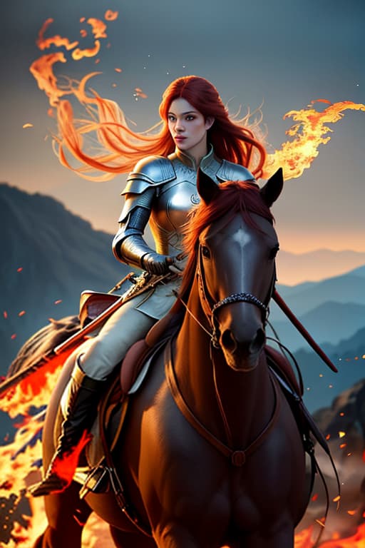  A mighty hero on a horse of fire holding a flaming sword. hyperrealistic, full body, detailed clothing, highly detailed, cinematic lighting, stunningly beautiful, intricate, sharp focus, f/1. 8, 85mm, (centered image composition), (professionally color graded), ((bright soft diffused light)), volumetric fog, trending on instagram, trending on tumblr, HDR 4K, 8K