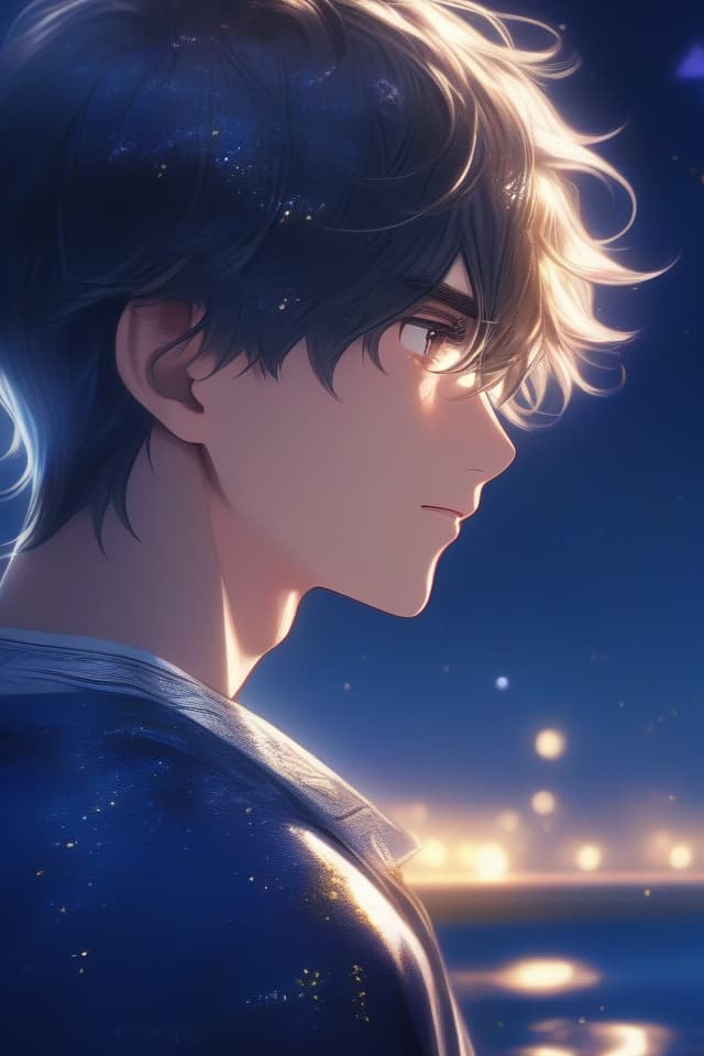  Close up of super beautiful boy in profile,masterpiece,moonlit night,sparkling sea,high quality,8k