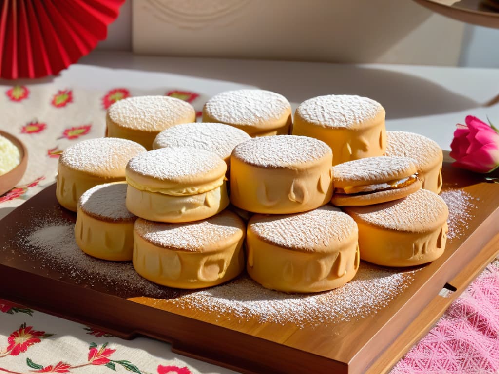  An ultradetailed image of a group of alfajores arranged on a rustic wooden platter, surrounded by vibrant blooming flowers and traditional textile patterns from Latin America. The alfajores are perfectly layered with dulce de leche and dusted with powdered sugar, showcasing the intricate textures and flavors of this beloved dessert. The lighting is soft, casting a warm glow over the scene, emphasizing the cultural richness and heritage behind each bite of these delicacies. hyperrealistic, full body, detailed clothing, highly detailed, cinematic lighting, stunningly beautiful, intricate, sharp focus, f/1. 8, 85mm, (centered image composition), (professionally color graded), ((bright soft diffused light)), volumetric fog, trending on instagram, trending on tumblr, HDR 4K, 8K