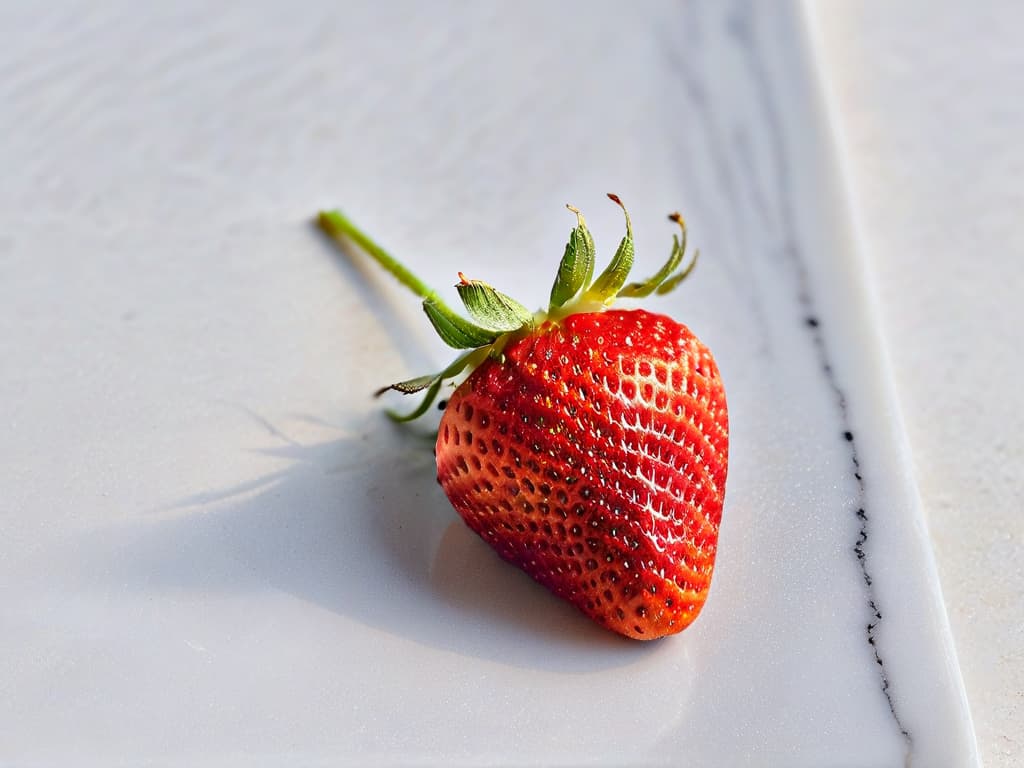  A closeup, ultradetailed image of a perfectly ripe, organic strawberry resting on a sleek, modern marble countertop. The strawberry is glistening with dew, showcasing its vibrant red color and the intricate details of its seeds and texture. The marble countertop provides a clean and elegant backdrop, with subtle veins adding a touch of sophistication to the composition. This minimalist image captures the essence of organic ingredients and conveys a sense of freshness and quality that is sure to resonate with readers seeking inspiration for their gourmet baking endeavors. hyperrealistic, full body, detailed clothing, highly detailed, cinematic lighting, stunningly beautiful, intricate, sharp focus, f/1. 8, 85mm, (centered image composition), (professionally color graded), ((bright soft diffused light)), volumetric fog, trending on instagram, trending on tumblr, HDR 4K, 8K