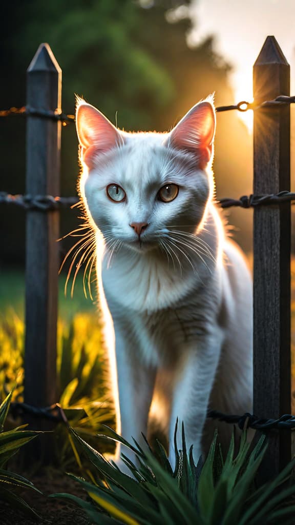  Whiskers is frantically meowing in a large backyard, looking around with wide eyes as she realizes she is lost. She cowers near the fence, hoping to be found and rescued soon. hyperrealistic, full body, detailed clothing, highly detailed, cinematic lighting, stunningly beautiful, intricate, sharp focus, f/1. 8, 85mm, (centered image composition), (professionally color graded), ((bright soft diffused light)), volumetric fog, trending on instagram, trending on tumblr, HDR 4K, 8K