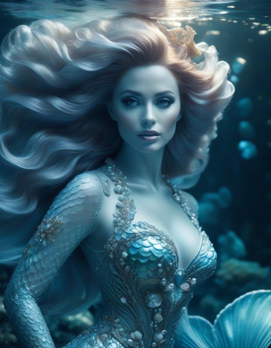  Elegant mermaid with lush hair on the seabed, a small soft blue glow emanates, close up, shell beads hyperrealistic, full body, detailed clothing, highly detailed, cinematic lighting, stunningly beautiful, intricate, sharp focus, f/1. 8, 85mm, (centered image composition), (professionally color graded), ((bright soft diffused light)), volumetric fog, trending on instagram, trending on tumblr, HDR 4K, 8K