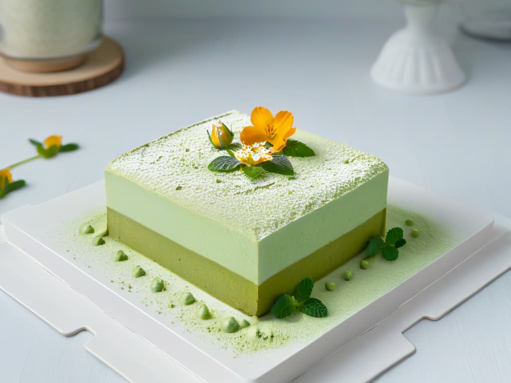  An elegant, minimalistic image featuring a beautifully plated matcha green tea tiramisu dusted with vibrant green matcha powder, garnished with fresh mint leaves and delicate edible flowers. The dessert is set on a sleek, white porcelain plate, against a soft, blurred background that enhances the intricate layers and textures of the tiramisu. The focus is on the precise arrangement of the dessert, highlighting the fusion of traditional Italian flavors with the modern twist of matcha green tea, evoking a sense of sophistication and culinary creativity. hyperrealistic, full body, detailed clothing, highly detailed, cinematic lighting, stunningly beautiful, intricate, sharp focus, f/1. 8, 85mm, (centered image composition), (professionally color graded), ((bright soft diffused light)), volumetric fog, trending on instagram, trending on tumblr, HDR 4K, 8K