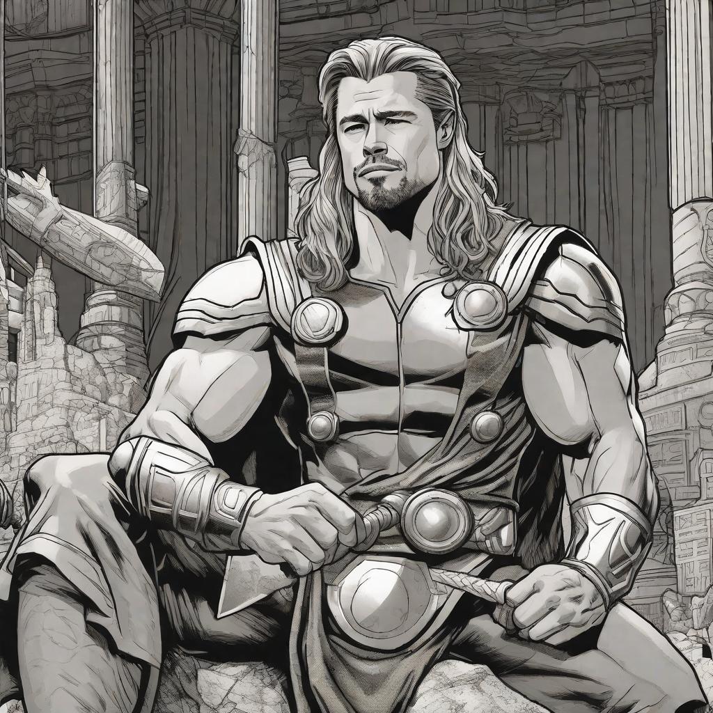  Brad Pitt as Thor, marvel comic panel, dc animated comic panel, comic panel, manga and manhwa style panel, portrait, young person face, style for marvel comic, anime comic panel style hyperrealistic, full body, detailed clothing, highly detailed, cinematic lighting, stunningly beautiful, intricate, sharp focus, f/1. 8, 85mm, (centered image composition), (professionally color graded), ((bright soft diffused light)), volumetric fog, trending on instagram, trending on tumblr, HDR 4K, 8K