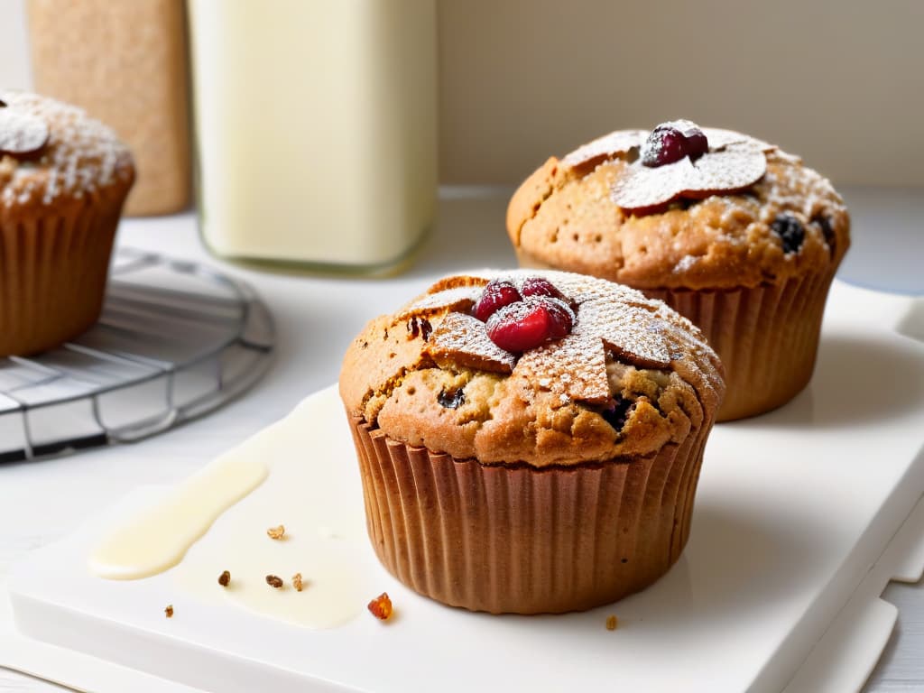  An intricately detailed closeup image of a freshly baked whole grain muffin, split in half to reveal the rich texture filled with visible chia seeds, flaxseeds, and oats. The goldenbrown crust glistens under a soft light, showcasing the moist crumb speckled with bits of dried fruits like cranberries and apricots. The background is a blurred kitchen setting, hinting at a serene baking environment. hyperrealistic, full body, detailed clothing, highly detailed, cinematic lighting, stunningly beautiful, intricate, sharp focus, f/1. 8, 85mm, (centered image composition), (professionally color graded), ((bright soft diffused light)), volumetric fog, trending on instagram, trending on tumblr, HDR 4K, 8K