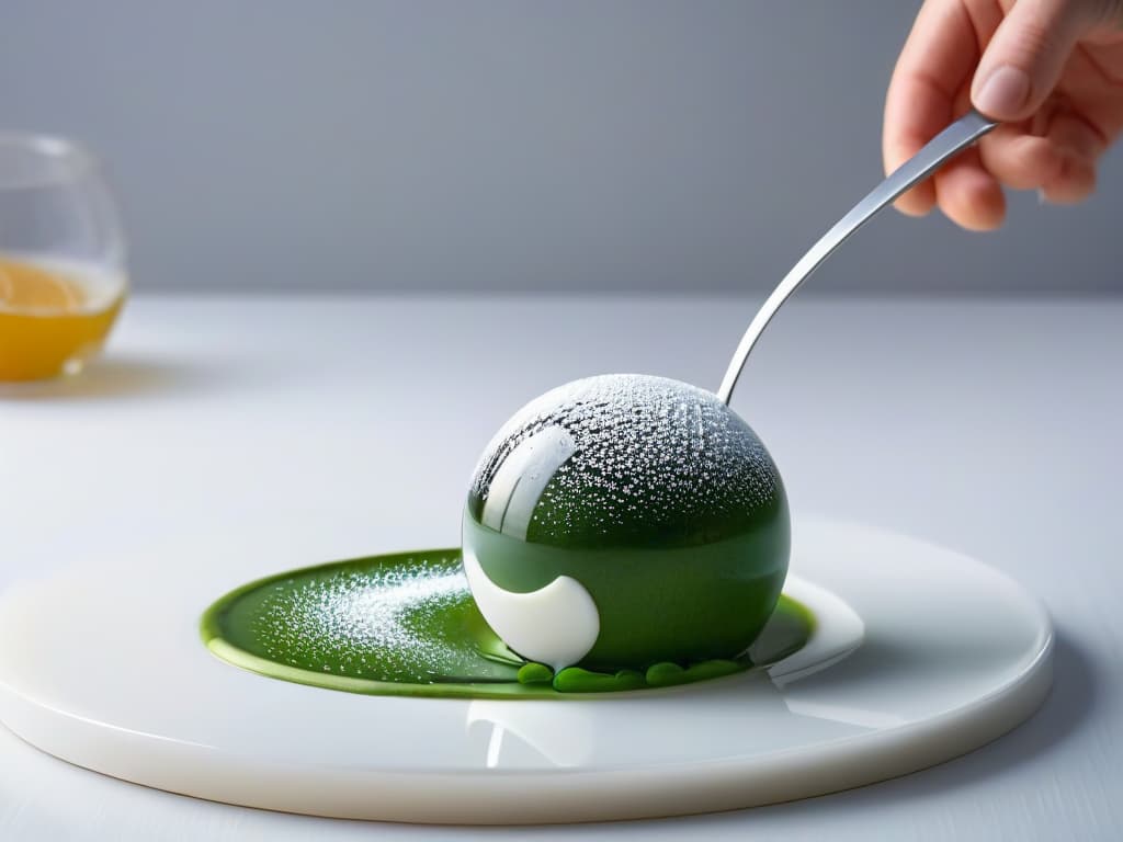  A closeup, highresolution image of a delicate sugar sphere being delicately pierced by a silver fork, with a background of a sleek, modern kitchen setting. The sugar sphere should be perfectly spherical and transparent, reflecting the light beautifully, while the fork is elegantly poised in midair, showcasing the anticipation of a delectable molecular gastronomy dessert. hyperrealistic, full body, detailed clothing, highly detailed, cinematic lighting, stunningly beautiful, intricate, sharp focus, f/1. 8, 85mm, (centered image composition), (professionally color graded), ((bright soft diffused light)), volumetric fog, trending on instagram, trending on tumblr, HDR 4K, 8K