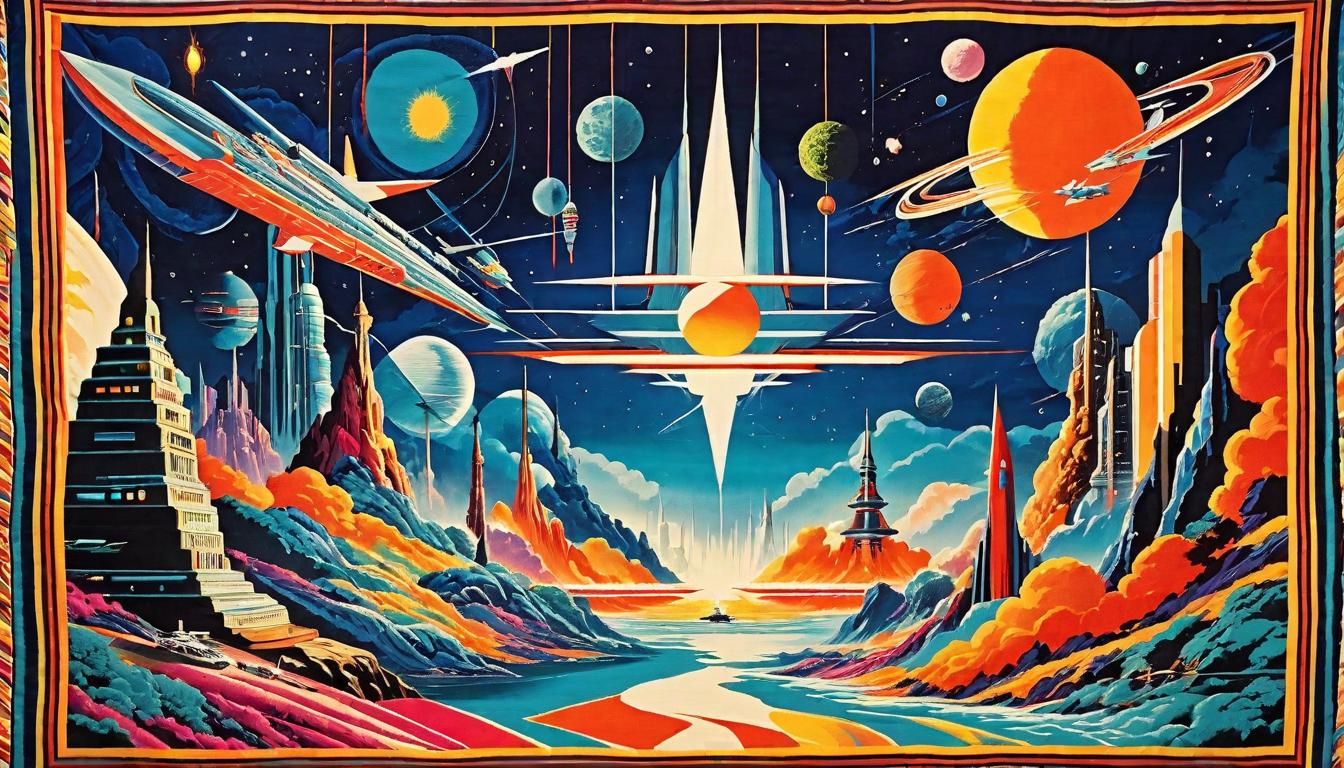  retro futuristic A tapestry woven with vibrant threads, each strand representing a story of adversity, publicly displayed, Symbolic, shared, empowering lvintage sci fi, 50s and 60s style, atomic age, vibrant, highly detailed