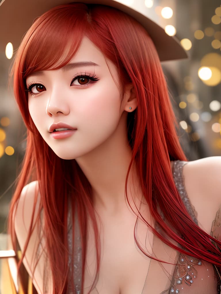  (masterpiece), best quality, high resolution, highly detailed, detailed background, perfect lighting, lens flare, fantasy, nature, 1girl, red hair, kpop idol, (luxury hotel:1.2), detailed face, face shot, close up, perfect face, detailed face, beautiful eyes, pretty face, (bright skin:1.3), idol, dress, ulzzang-6500-v1.1,, ,