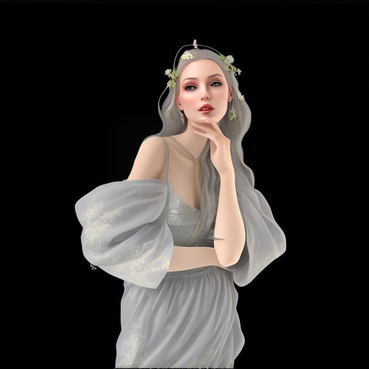 mdjrny-v4 style Create a Fantasy style avatar of a female Elf. The character should have long, flowing silver hair adorned with delicate flowers. Her eyes should be almond shaped and bright green. She should wear an elegant, fitted tunic with intricate leaf patterns and embroidery. Her ears should be pointed and prominent, long, sharp, visible from behind the hair, a defining feature of Elves. She should have a graceful and slender build, with pale, smooth skin. The background should feature an enchanted forest with tall, ancient trees and dappled sunlight filtering through the leaves.