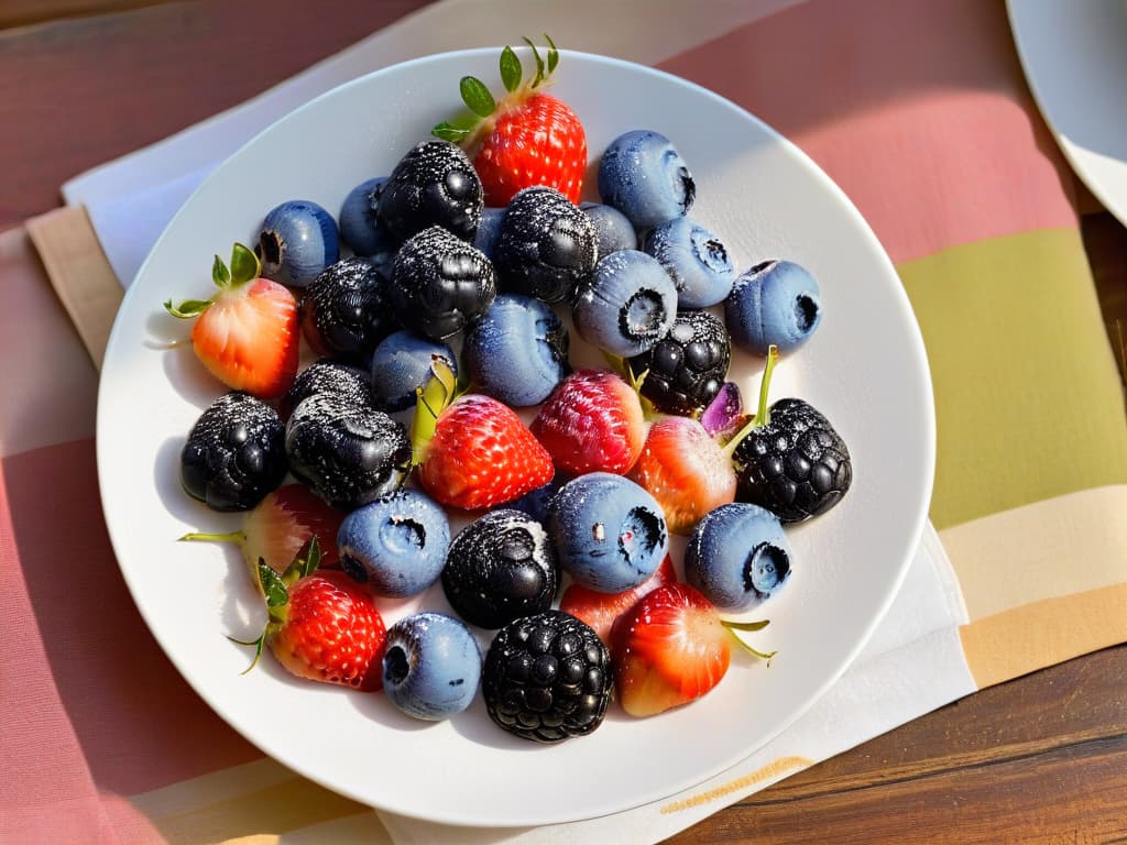  A closeup, ultrahighresolution image of a vibrant, colorful array of freshly picked berries, including strawberries, blueberries, raspberries, and blackberries, all glistening with droplets of water, placed artfully on a simple, elegant white plate. The focus is on the textures and natural shine of the berries, highlighting their freshness and appeal. The backdrop is softly blurred to keep the attention solely on the natural beauty of the berries, making them the focal point of the image. hyperrealistic, full body, detailed clothing, highly detailed, cinematic lighting, stunningly beautiful, intricate, sharp focus, f/1. 8, 85mm, (centered image composition), (professionally color graded), ((bright soft diffused light)), volumetric fog, trending on instagram, trending on tumblr, HDR 4K, 8K