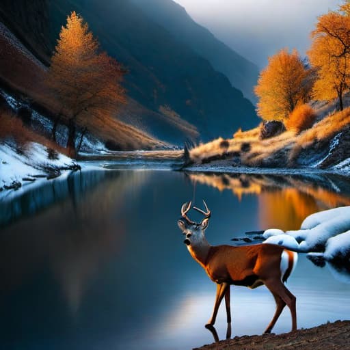  big beautiful house on the side of a mountain. overlooking a valley with a stream flowing through. deer and antelope hyperrealistic, full body, detailed clothing, highly detailed, cinematic lighting, stunningly beautiful, intricate, sharp focus, f/1. 8, 85mm, (centered image composition), (professionally color graded), ((bright soft diffused light)), volumetric fog, trending on instagram, trending on tumblr, HDR 4K, 8K