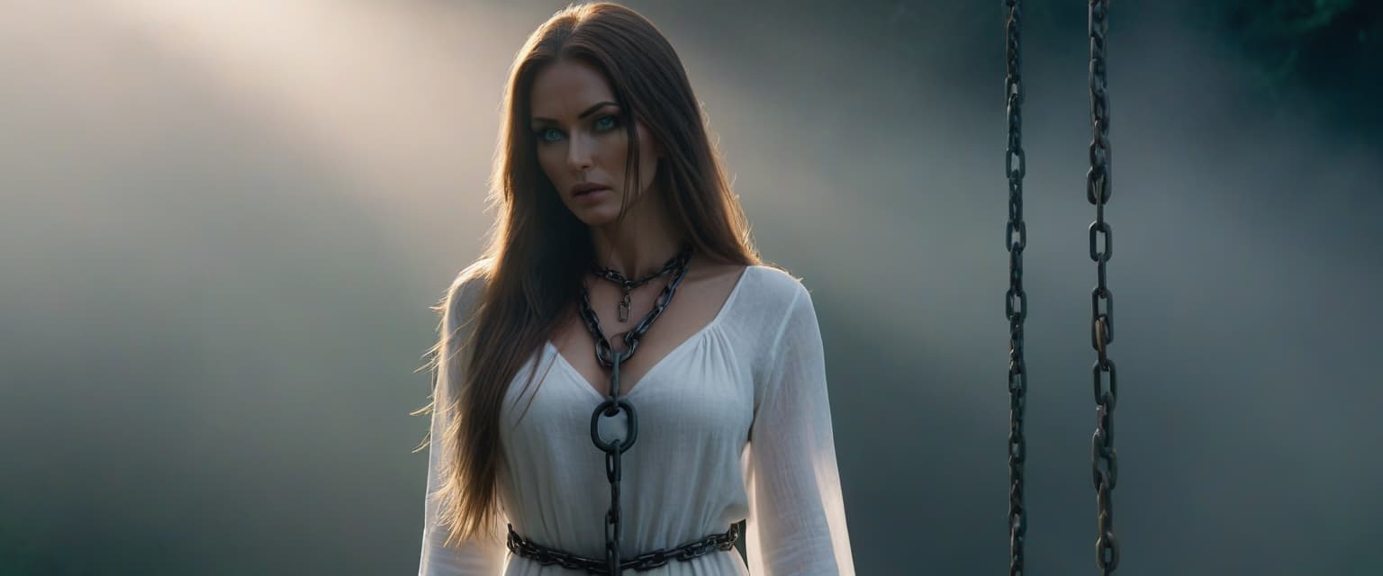  The body of the long haired green eyed girl in a white linen dress is chained and shackled. hyperrealistic, full body, detailed clothing, highly detailed, cinematic lighting, stunningly beautiful, intricate, sharp focus, f/1. 8, 85mm, (centered image composition), (professionally color graded), ((bright soft diffused light)), volumetric fog, trending on instagram, trending on tumblr, HDR 4K, 8K