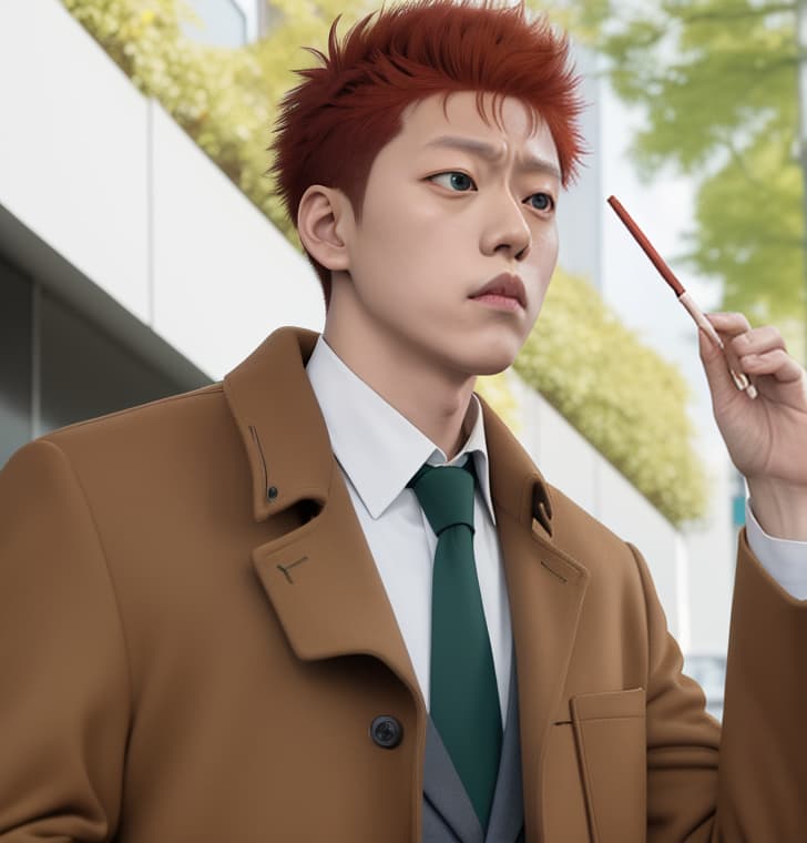  masterpiece, best quality, turn an anime character from jujutsu kaisen named Kusakabe Atsuya into a real life person, he wears a light brown color coat, dark green tie, and white shirt. he has a fiery spikey reddish brown hair, he looks very bored and tired.he is holding a finish lollipop stick on his left hand