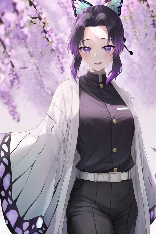  masterpiece, best quality, kochou shinobu, multicolored hair, no bangs, hair intakes, purple eyes, forehead, black shirt, black pants, haori, butterfly, buttons, belt,(Vampire:1.2), Dark hair, masterpiece, best quality, high quality, solo