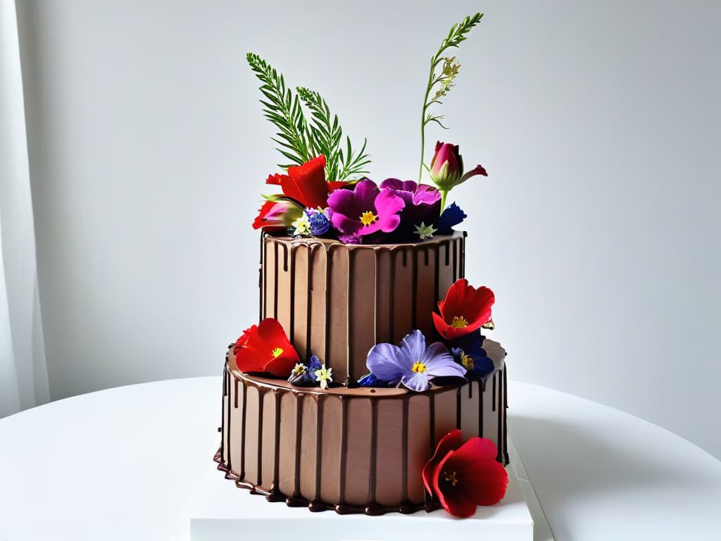  A closeup, ultradetailed image of a delicate, intricately designed vegan wedding cake adorned with fresh edible flowers, set against a crisp white background. The cake features layers of rich chocolate sponge and creamy, plantbased frosting, showcasing the impeccable craftsmanship and artistry of sustainable baking practices. hyperrealistic, full body, detailed clothing, highly detailed, cinematic lighting, stunningly beautiful, intricate, sharp focus, f/1. 8, 85mm, (centered image composition), (professionally color graded), ((bright soft diffused light)), volumetric fog, trending on instagram, trending on tumblr, HDR 4K, 8K