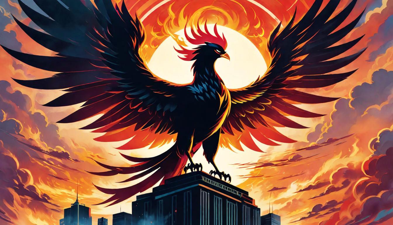  retro futuristic A phoenix rising from ashes against a dawn sky, symbolizing overcoming doubt and ascendancy, Flames reflecting rebirth, strength, and collective power, The silhouette of a new day beginning, challenge to the status quo lvintage sci fi, 50s and 60s style, atomic age, vibrant, highly detailed