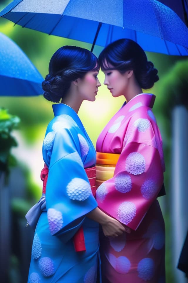  Hydrangea, yukata, girls, bright, summer, rain hyperrealistic, full body, detailed clothing, highly detailed, cinematic lighting, stunningly beautiful, intricate, sharp focus, f/1. 8, 85mm, (centered image composition), (professionally color graded), ((bright soft diffused light)), volumetric fog, trending on instagram, trending on tumblr, HDR 4K, 8K