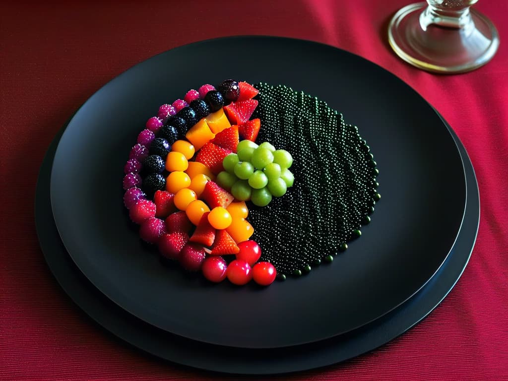  A closeup, ultrahighresolution image of vibrant, jeweltoned fruit caviar pearls delicately arranged on a sleek, modern, matte black dessert plate. The spherical caviar beads glisten, showcasing a myriad of colors like rich reds, deep purples, bright oranges, and vivid greens, evoking a sense of luxury and sophistication. The minimalistic presentation highlights the texture and elegance of the fruit caviar, making it visually striking and appealing. hyperrealistic, full body, detailed clothing, highly detailed, cinematic lighting, stunningly beautiful, intricate, sharp focus, f/1. 8, 85mm, (centered image composition), (professionally color graded), ((bright soft diffused light)), volumetric fog, trending on instagram, trending on tumblr, HDR 4K, 8K