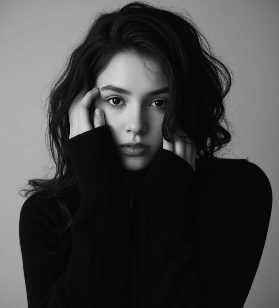  good quality, high quality, a black and white portrait of a young woman with a captivating gaze. she's bundled up in a cozy black sweater,hands gently cupped near her face. the monochromatic tones highlight her delicate features and the contemplative mood of the image