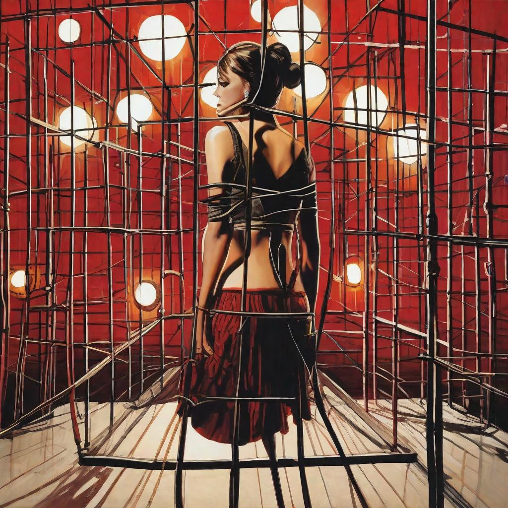  masterpiece, best quality,Draw a picture of a woman tied up and then surrounded by bright lights to punish her.