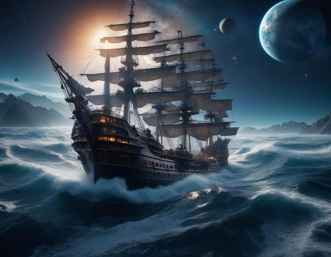  space themed Pirate ship sailing through 4k seas. . cosmic, celestial, stars, galaxies, nebulas, planets, science fiction, highly detailed hyperrealistic, full body, detailed clothing, highly detailed, cinematic lighting, stunningly beautiful, intricate, sharp focus, f/1. 8, 85mm, (centered image composition), (professionally color graded), ((bright soft diffused light)), volumetric fog, trending on instagram, trending on tumblr, HDR 4K, 8K