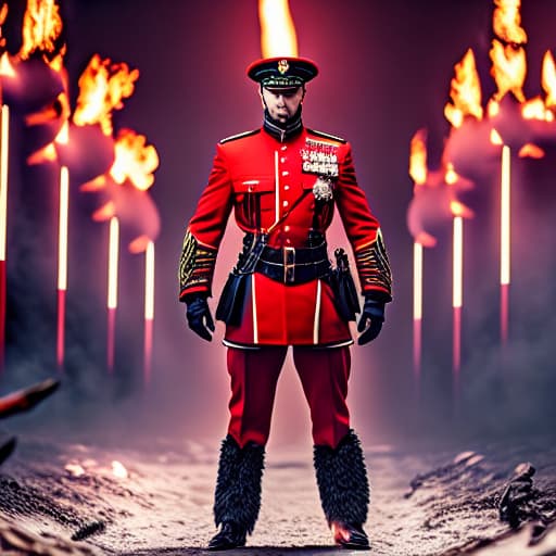  The leader of the fire forces surrounded by fire and wearing a red uniform hyperrealistic, full body, detailed clothing, highly detailed, cinematic lighting, stunningly beautiful, intricate, sharp focus, f/1. 8, 85mm, (centered image composition), (professionally color graded), ((bright soft diffused light)), volumetric fog, trending on instagram, trending on tumblr, HDR 4K, 8K