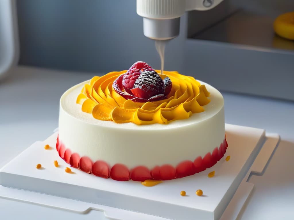  A detailed closeup image of a delicate, intricately designed dessert being created layer by layer using a 3D food printer. The dessert is a miniature work of art, showcasing precise details and vibrant colors. The background is a clean, white surface, emphasizing the futuristic technology and precision involved in the process of 3D dessert printing. hyperrealistic, full body, detailed clothing, highly detailed, cinematic lighting, stunningly beautiful, intricate, sharp focus, f/1. 8, 85mm, (centered image composition), (professionally color graded), ((bright soft diffused light)), volumetric fog, trending on instagram, trending on tumblr, HDR 4K, 8K