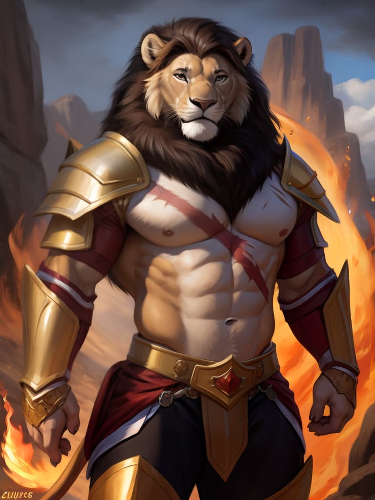  By chunie, by Zaush, portrait, full body, full view, photorealistic, anthro, male, lion, scar on face, standing, heavy golden armor:2, flame sword, surrounded by a flame aura, fireland, ultra detailed flame, ultra detailed armor, sfw, thick body, muscular body, open eyes, digital art, masterpiece, 4k, fine details,