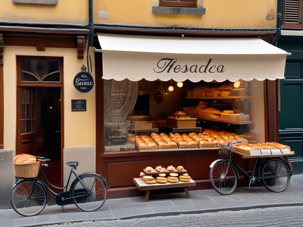  An ultradetailed image of a serene bakery tucked in a charming cobblestone alleyway, with a vintage bicycle parked outside and a soft glow emanating from the warm light seeping through the windows. The scene captures the essence of a tranquil morning in a picturesque European town, inviting viewers to step into a world where time slows down and the aroma of freshly baked pastries fills the air. The intricate details showcase the rustic wooden sign of the bakery, the delicate swirls of steam rising from a cup of coffee placed on a wroughtiron table, and the intricate patterns on the lace curtains dancing in the gentle breeze. hyperrealistic, full body, detailed clothing, highly detailed, cinematic lighting, stunningly beautiful, intricate, sharp focus, f/1. 8, 85mm, (centered image composition), (professionally color graded), ((bright soft diffused light)), volumetric fog, trending on instagram, trending on tumblr, HDR 4K, 8K