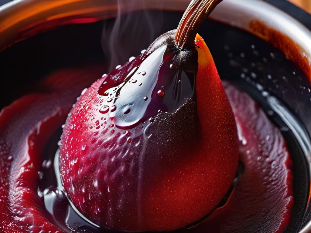  A closeup, ultradetailed image of a ripe, glossy red pear slowly being dipped into a simmering pot of rich, dark red wine. The steam rises delicately around the pear, highlighting the vibrant colors and textures of the fruit and the wine. The focus is on the intricate details of the pear's skin and the velvety surface of the wine, creating a visually captivating and mouthwatering scene. hyperrealistic, full body, detailed clothing, highly detailed, cinematic lighting, stunningly beautiful, intricate, sharp focus, f/1. 8, 85mm, (centered image composition), (professionally color graded), ((bright soft diffused light)), volumetric fog, trending on instagram, trending on tumblr, HDR 4K, 8K