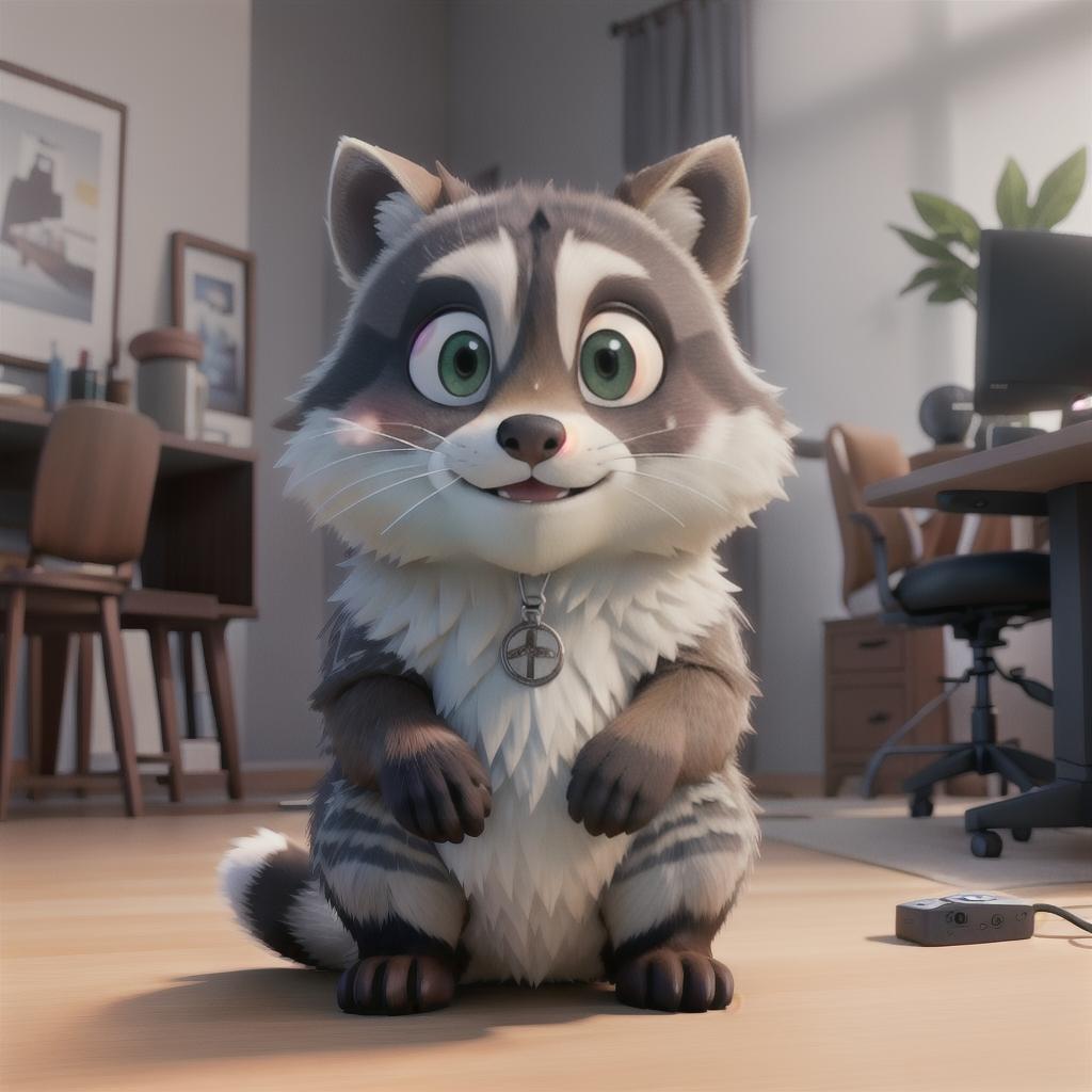  raccoon sitting in gaming chair front a computer on desktop, ((semi anthropomorphic)),(full body), tail, belly, sitting, fat, (chubby), (((white background))), solo, desktop, gaming chair, side view,  [[[clothes]]] hyperrealistic, full body, detailed clothing, highly detailed, cinematic lighting, stunningly beautiful, intricate, sharp focus, f/1. 8, 85mm, (centered image composition), (professionally color graded), ((bright soft diffused light)), volumetric fog, trending on instagram, trending on tumblr, HDR 4K, 8K