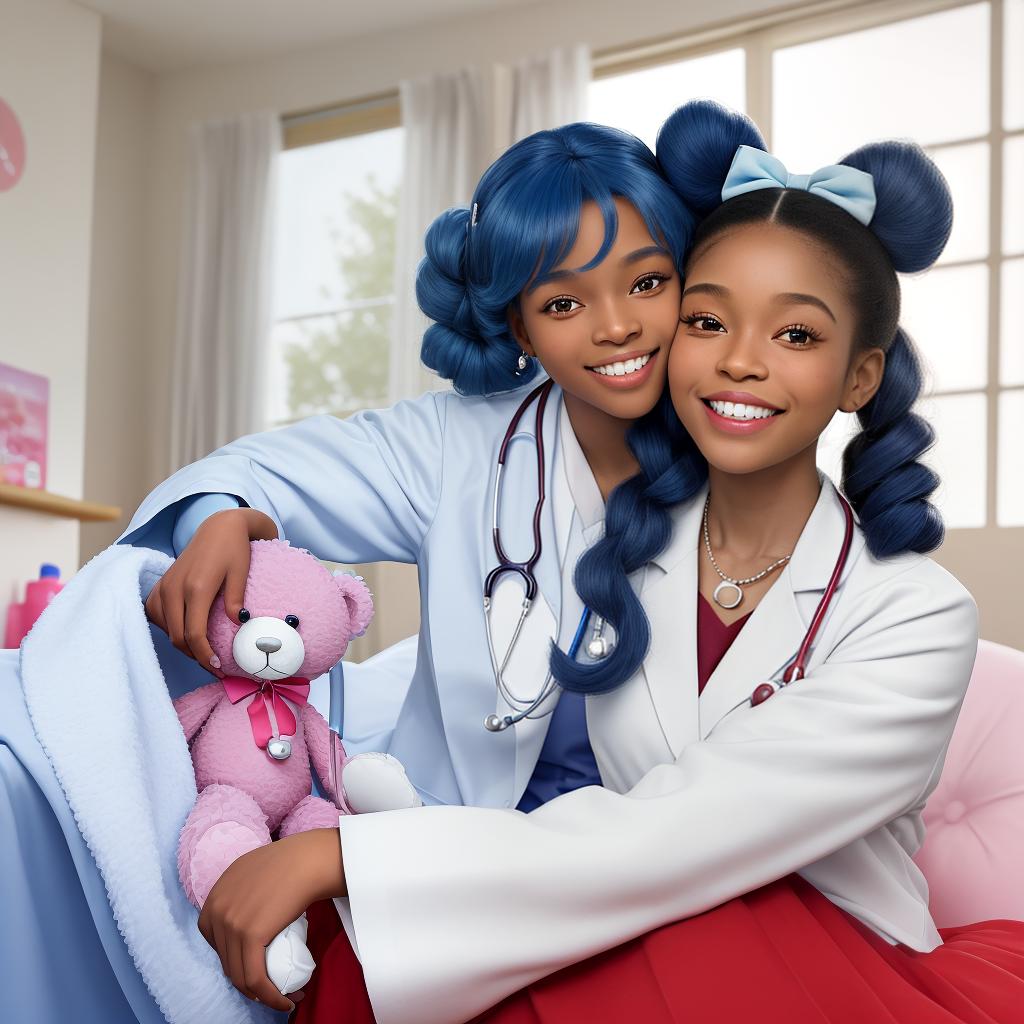  masterpiece, best quality, create a high resolution photo of a candid moment of an African American , age 3, playing doctor in her playroom wearing a white jacket and red stethoscope around her neck hugging her teddy bear tight. She has smooth skin, dreamy hazel eyes, dimples, long bushy eyelashes, silk onyx pony tails with curls and intricate hair, red and blue fancy hair bows. She is so proud with a huge smile showing her teeth. The teddy bear has a Band-Aid on one eye and a paw is bandaged up. Use soft colors to dramatize this cheerful moment. The is proud to have taken good care of her teddy bear. The image evokes heartfelt cheer admiring the doctor. Background blurred colorful playroom with 