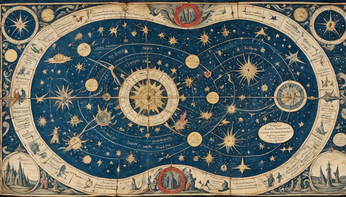  on parchment, surrealism+++, An intricately detailed celestial map, where constellations are depicted as divine warriors engaging in combat against dark, nebulous forms. Stars as strategies, cosmic battle, divine intervention, vanquishing shadows.(mysterious, provocative, symbolic,muted color)+++