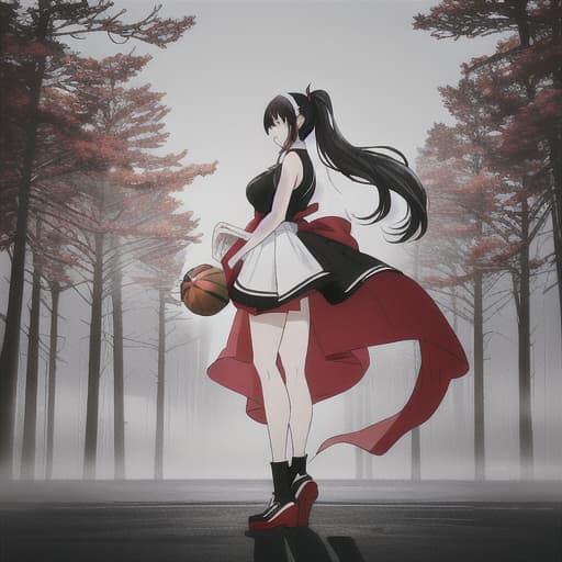  anime girl black hair bright dark brown eyes red and white basketball uniform with the number 18 and the name Nicky white and black shoes Have your hair in a medium high ponytail with two strands on the sides of your ears, have a basketball and look full body Pastel Palette, Da Vinci's Dreams, Picasso's , Sunrise Splendors, Floral Fantasy, Mystical Moonscapes, Urban Nature, Crystal Clear, Cinematic hyperrealistic, full body, detailed clothing, highly detailed, cinematic lighting, stunningly beautiful, intricate, sharp focus, f/1. 8, 85mm, (centered image composition), (professionally color graded), ((bright soft diffused light)), volumetric fog, trending on instagram, trending on tumblr, HDR 4K, 8K