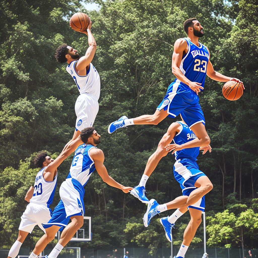  Jesus playing basketball hyperrealistic, full body, detailed clothing, highly detailed, cinematic lighting, stunningly beautiful, intricate, sharp focus, f/1. 8, 85mm, (centered image composition), (professionally color graded), ((bright soft diffused light)), volumetric fog, trending on instagram, trending on tumblr, HDR 4K, 8K