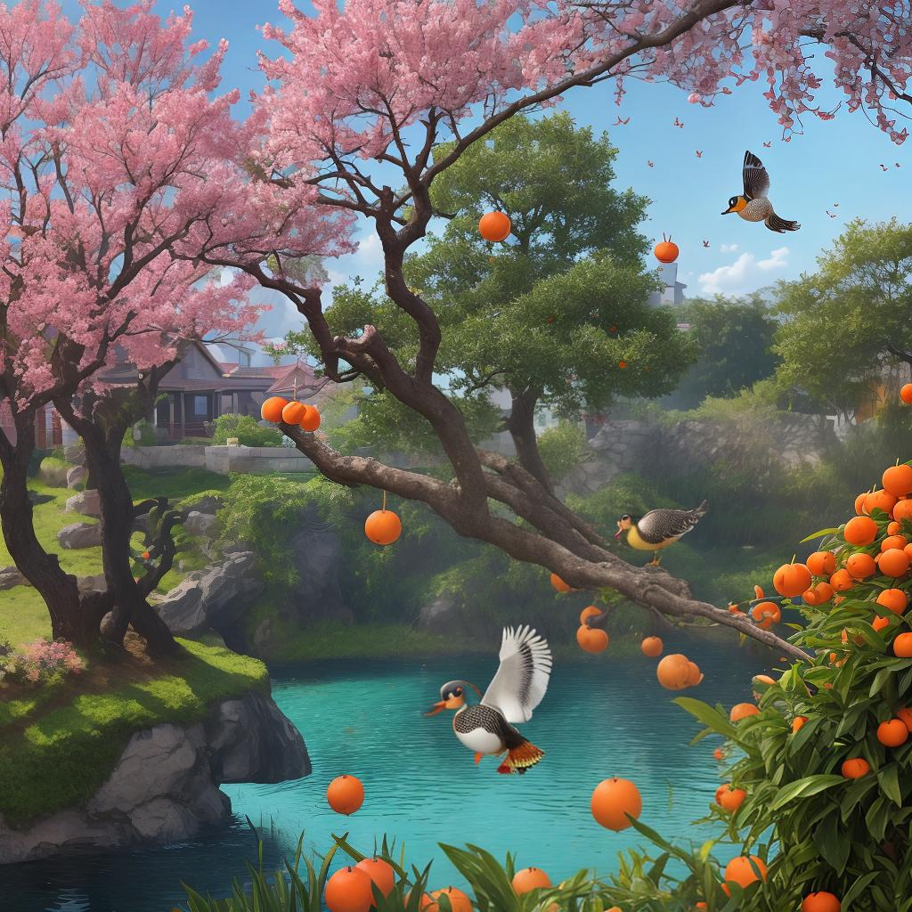  Masterpiece, best quality, yard with two trees, two mandarin ducks flying together