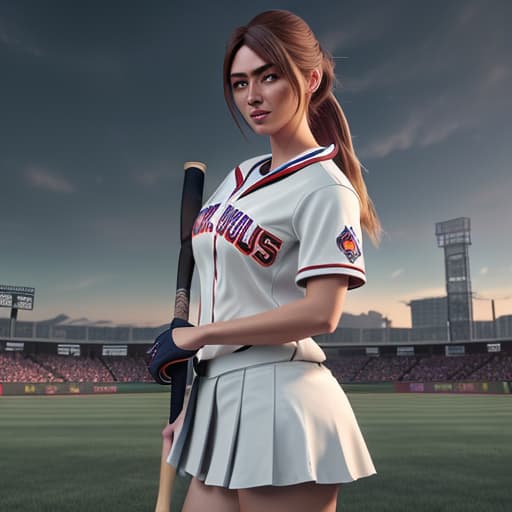  school girl with hair in a ponytail holding a baseball bat on the field with baseball club uniform High Resolution, Cinematic , Soft Sunrise Shades, Sunrise Splendors hyperrealistic, full body, detailed clothing, highly detailed, cinematic lighting, stunningly beautiful, intricate, sharp focus, f/1. 8, 85mm, (centered image composition), (professionally color graded), ((bright soft diffused light)), volumetric fog, trending on instagram, trending on tumblr, HDR 4K, 8K